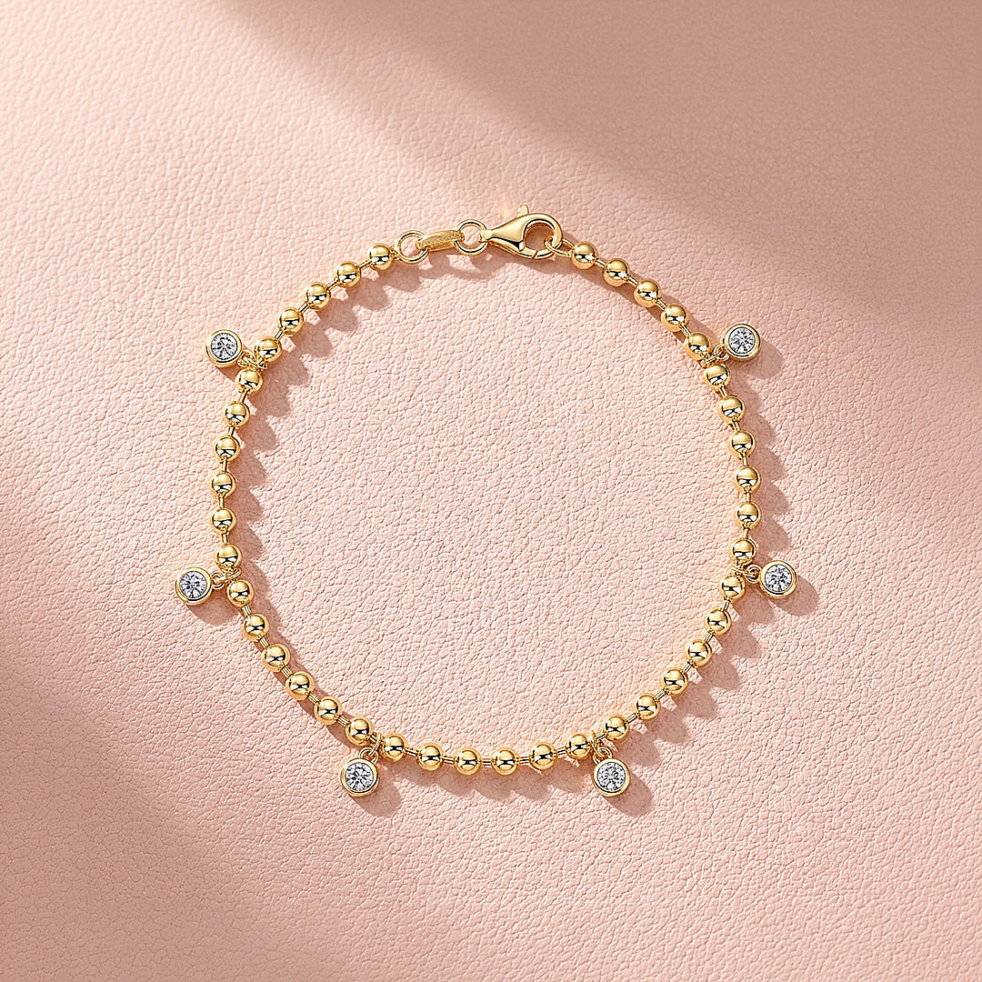 Bezel Gold Bead Charm Bracelet | Moissanite | Prm9171