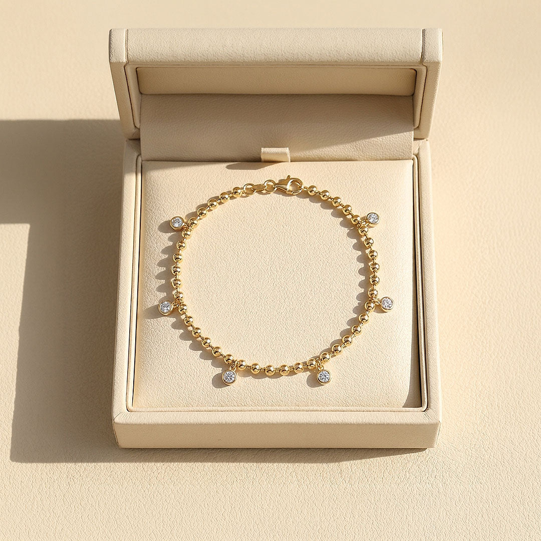 Bezel Gold Bead Charm Bracelet | Moissanite | Prm9171