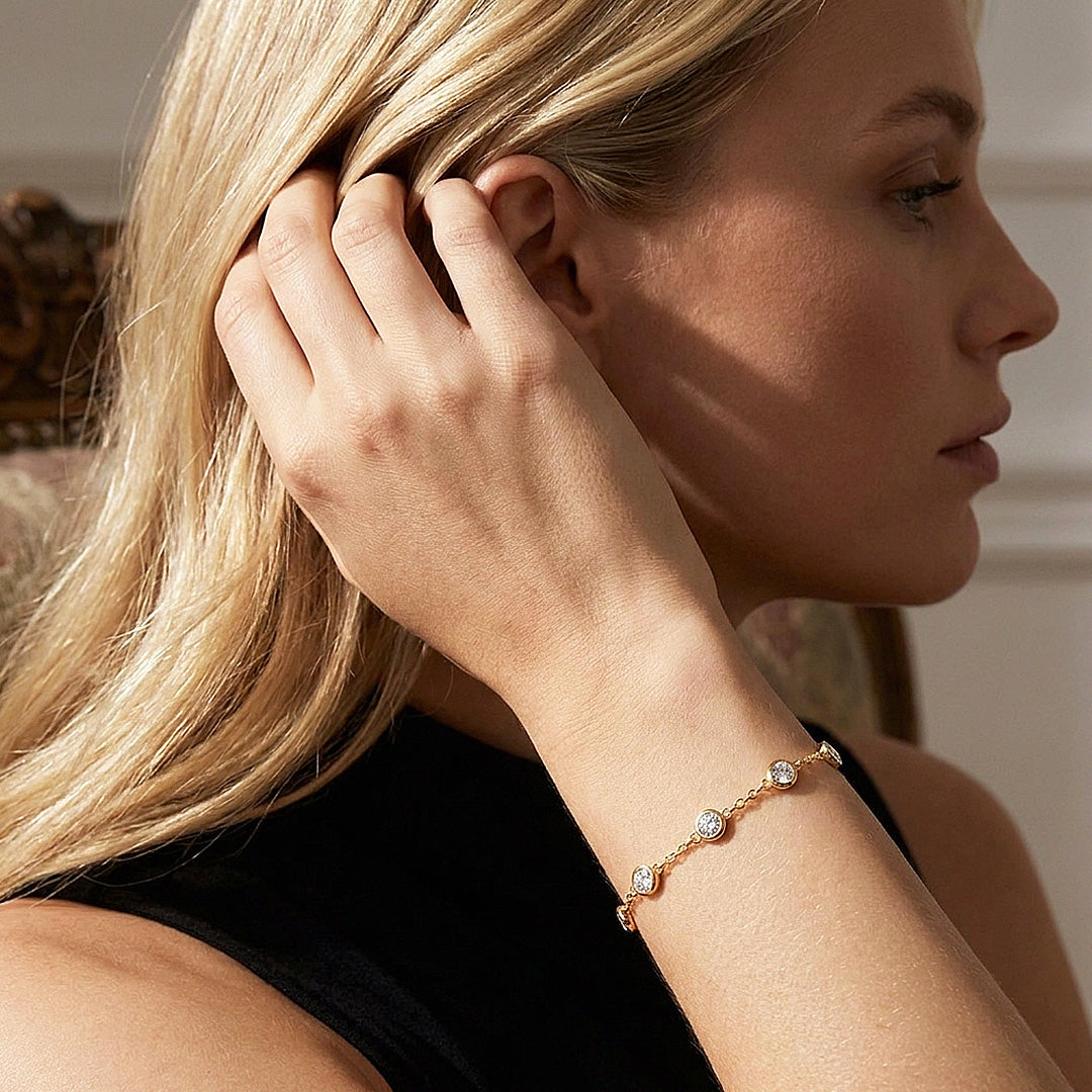 Round Bezel Moissanite Gold Chain Women Bracelet | Prm9175