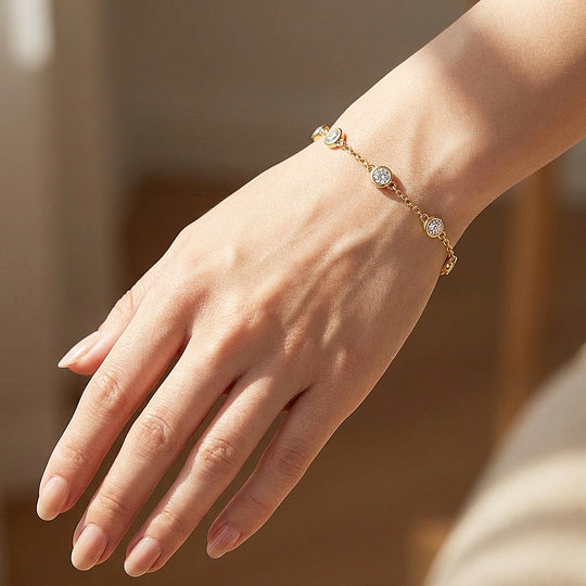 Round Bezel Moissanite Gold Chain Women Bracelet | Prm9175
