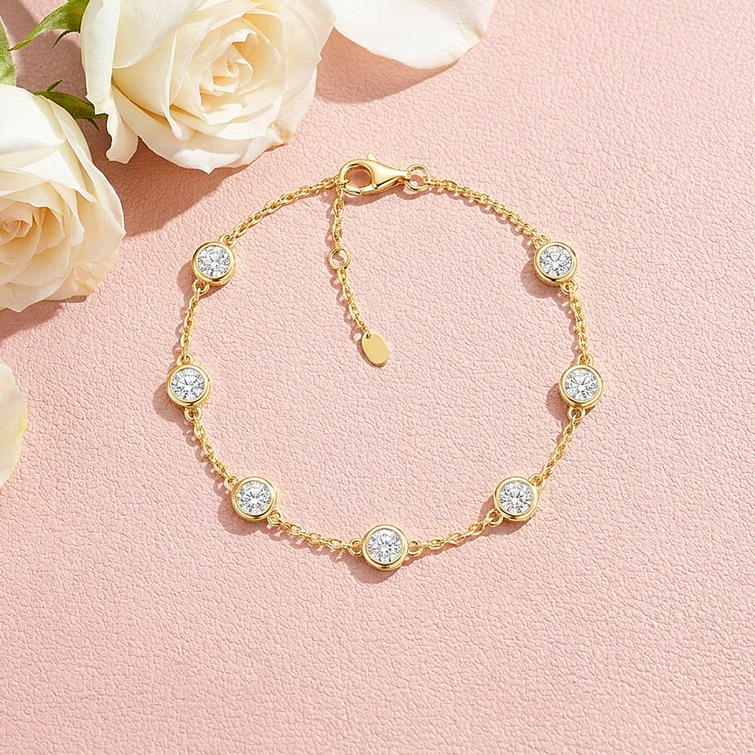 Round Bezel Moissanite Gold Chain Women Bracelet | Prm9175