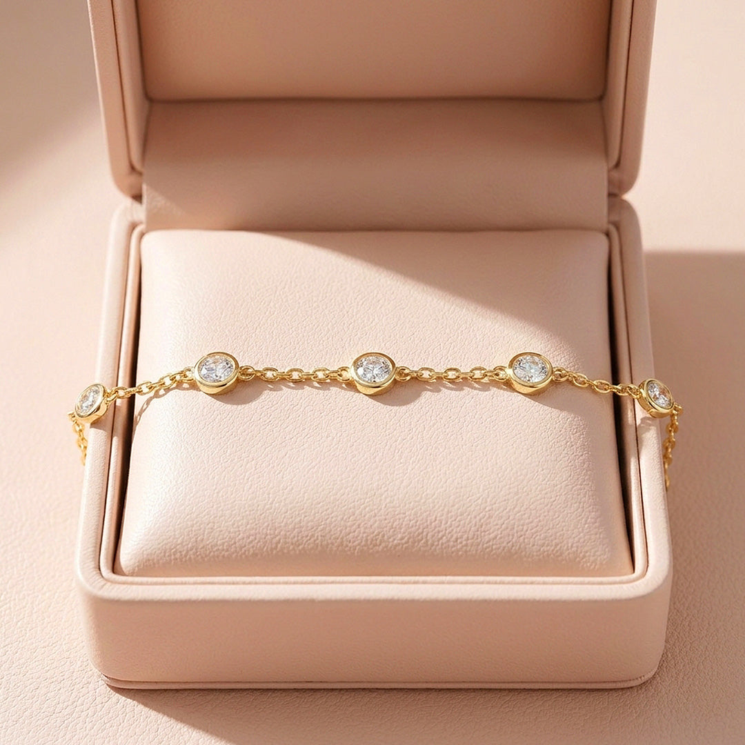 Round Bezel Moissanite Gold Chain Women Bracelet | Prm9175