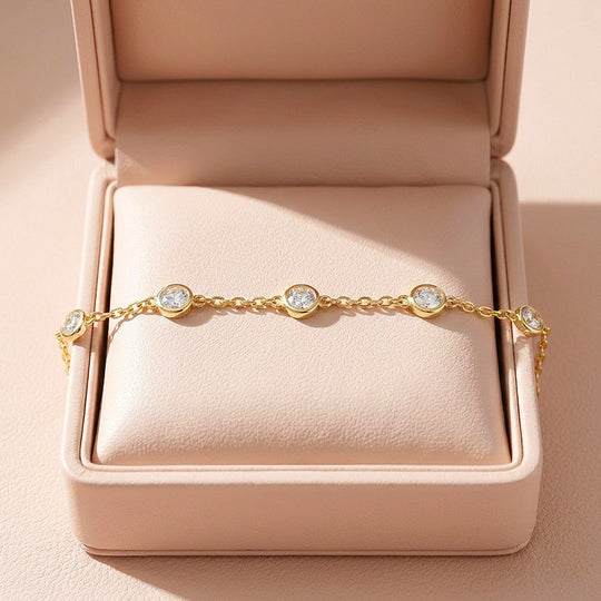 Round Bezel Moissanite Gold Chain Women Bracelet | Prm9175