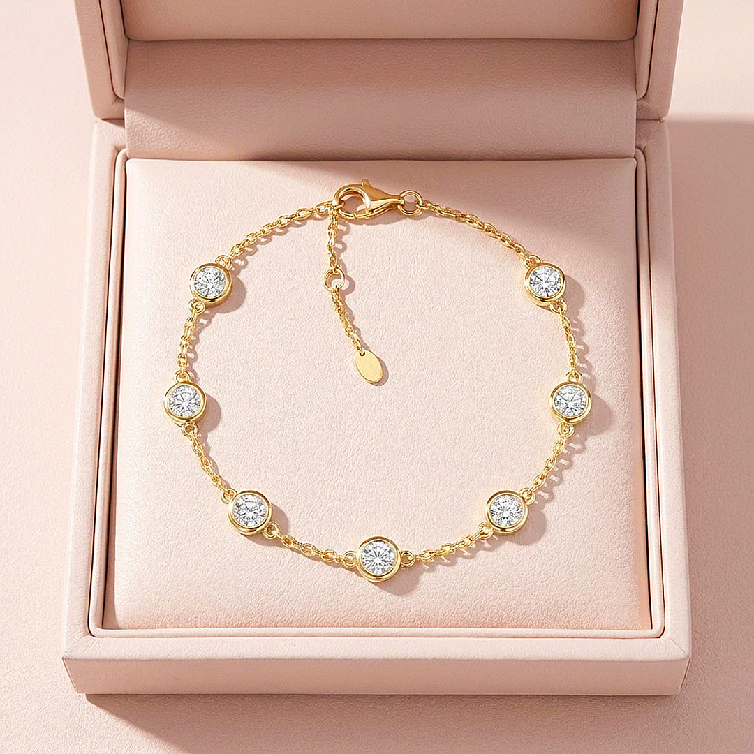 Round Bezel Moissanite Gold Chain Women Bracelet | Prm9175