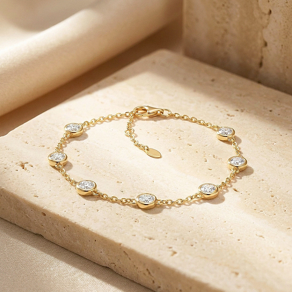 Round Bezel Moissanite Gold Chain Women Bracelet | Prm9175