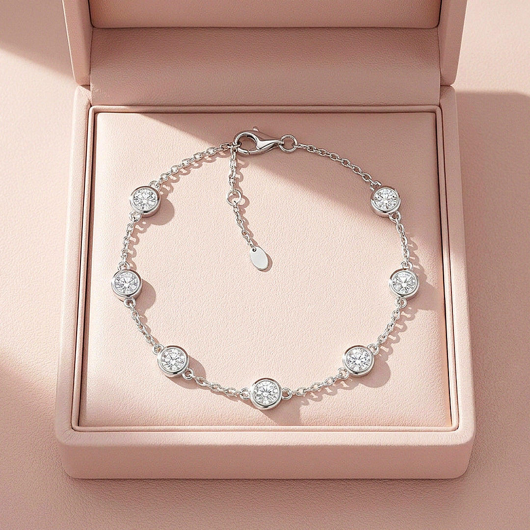 Round Bezel Moissanite Silver Chain Women Bracelet | Prm9176
