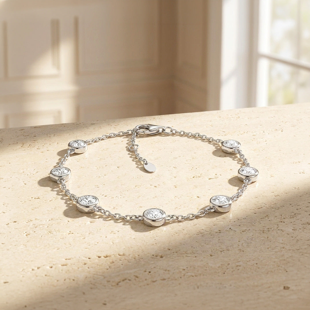 Round Bezel Moissanite Silver Chain Women Bracelet | Prm9176