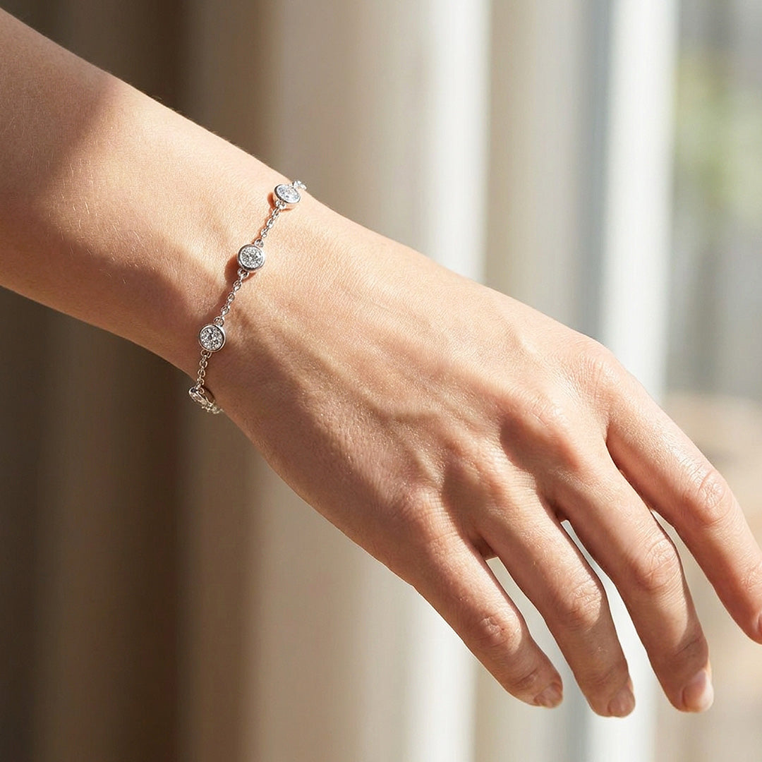 Round Bezel Moissanite Silver Chain Women Bracelet | Prm9176