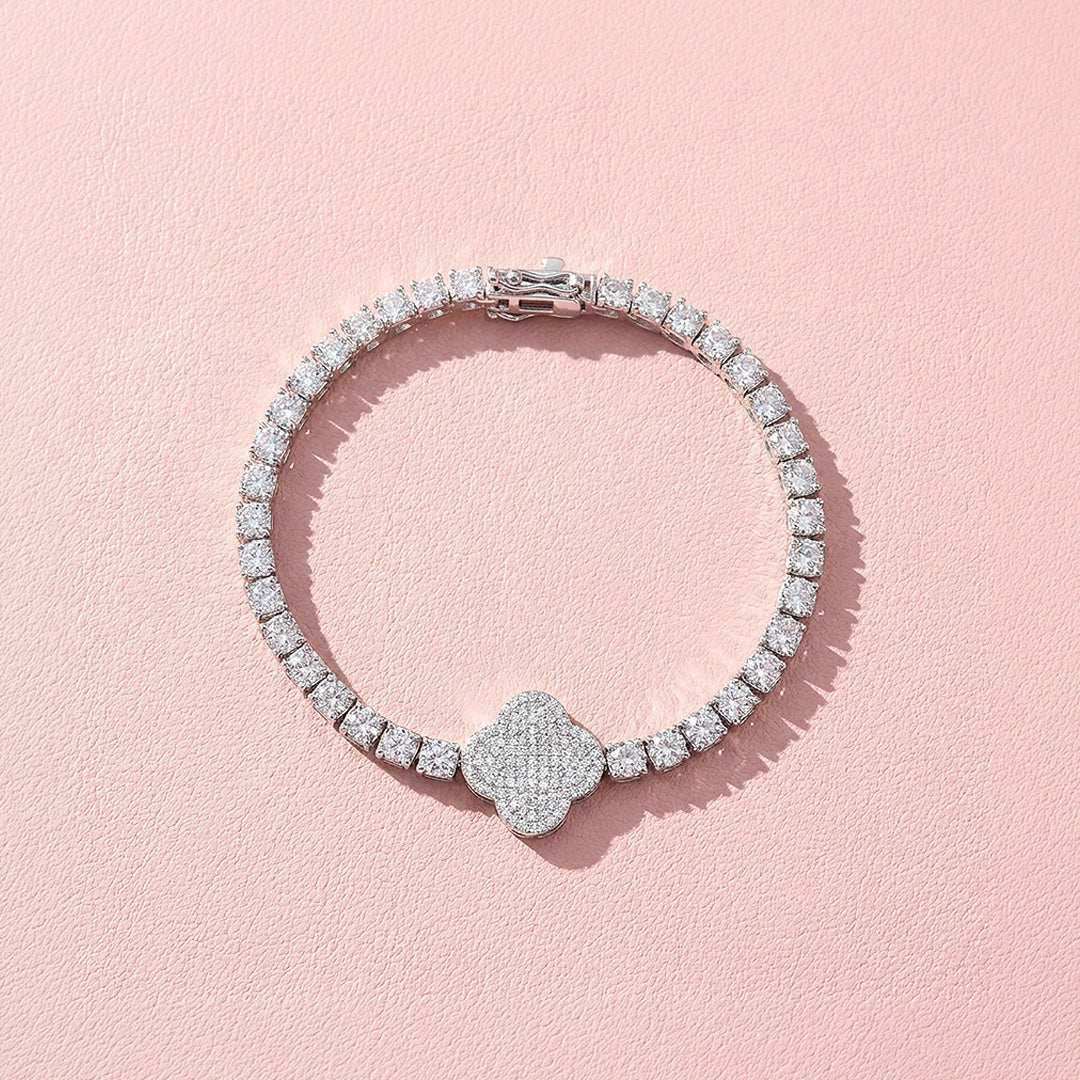 Four Leaf Clover Moissanite Silver Tennis Women Bracelet | Prm9182