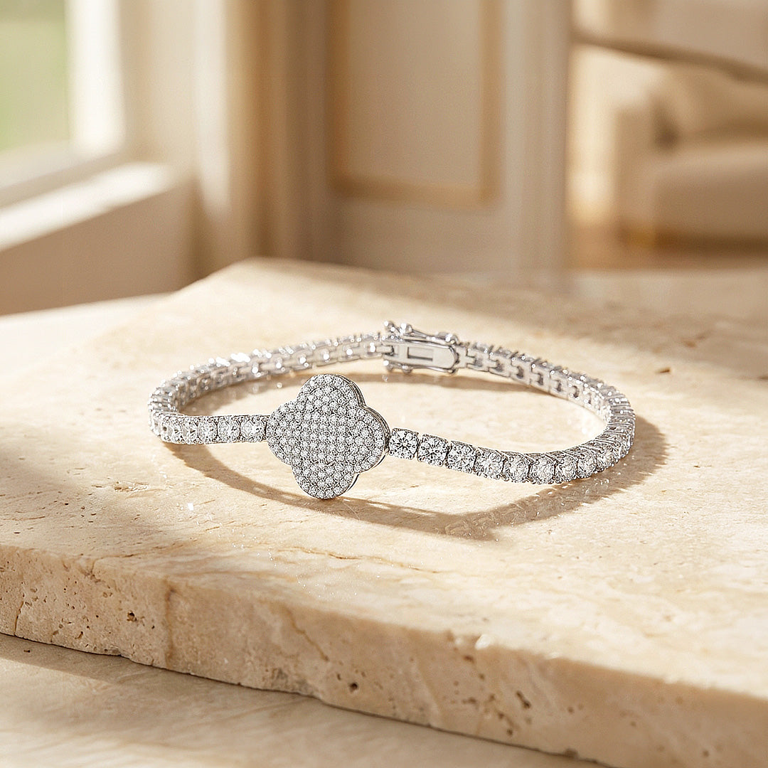 Four Leaf Clover Moissanite Silver Tennis Women Bracelet | Prm9182