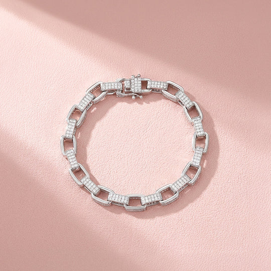 Pave Rectangle Link Moissanite Silver Chain Women Bracelet | Prm9187