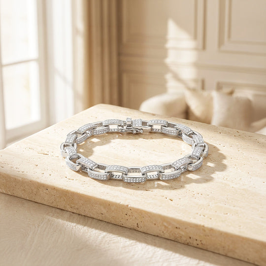 Pave Rectangle Link Moissanite Silver Chain Women Bracelet | Prm9187