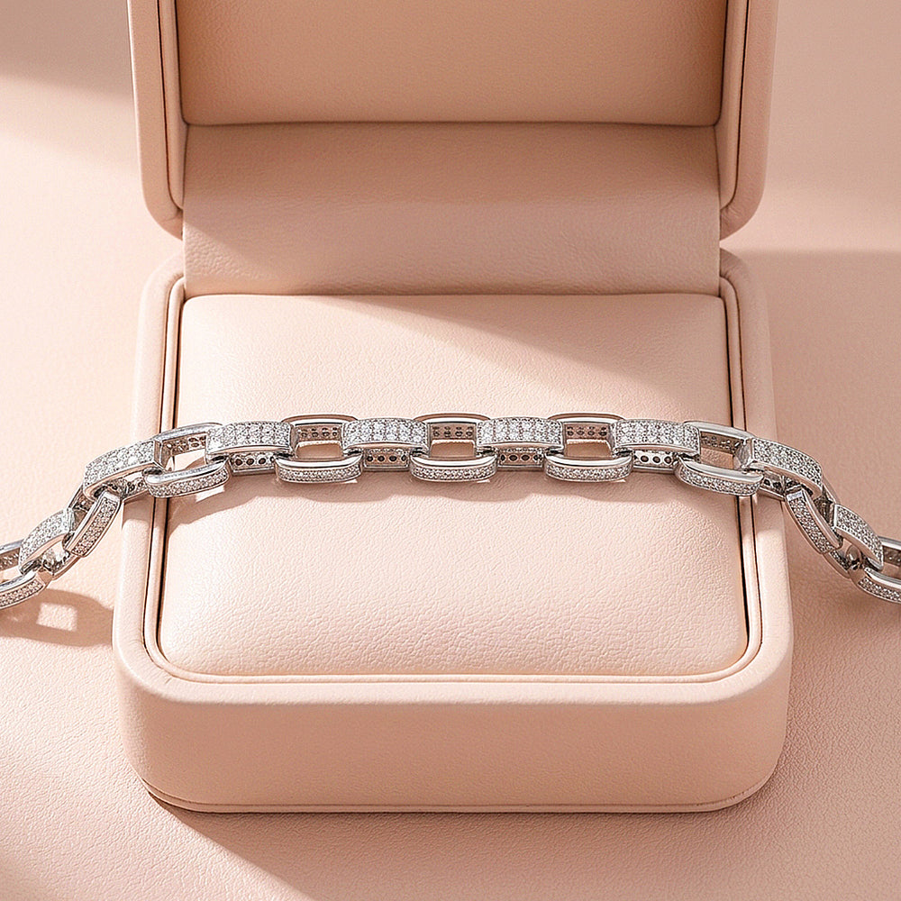 Pave Rectangle Link Moissanite Silver Chain Women Bracelet | Prm9187
