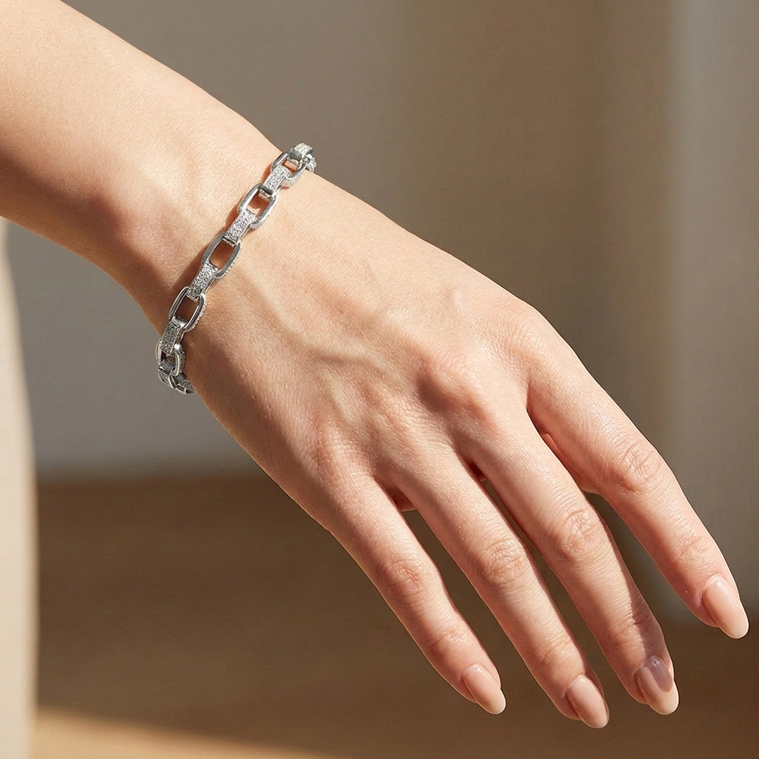 Pave Rectangle Link Moissanite Silver Chain Women Bracelet | Prm9187
