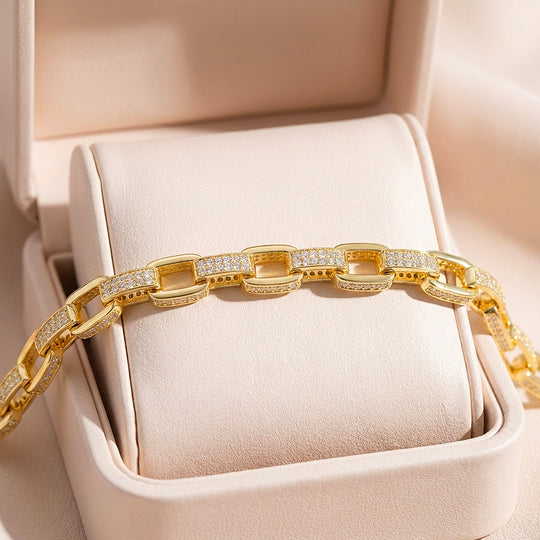 Pave Rectangle Link Moissanite Gold Chain Women Bracelet | Prm9188