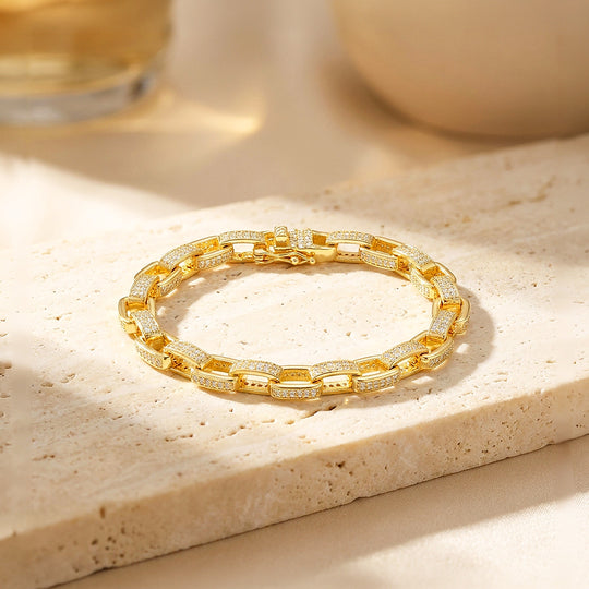 Pave Rectangle Link Moissanite Gold Chain Women Bracelet | Prm9188