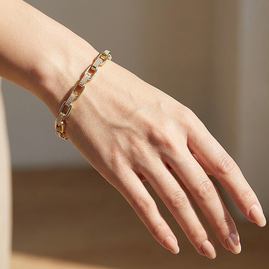 Pave Rectangle Link Moissanite Gold Chain Women Bracelet | Prm9188