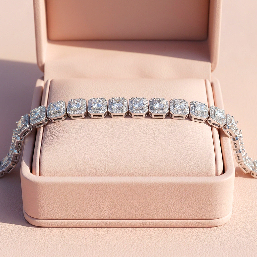 Princess Cut Halo Moissanite Silver Tennis Women Bracelet | Prm9189