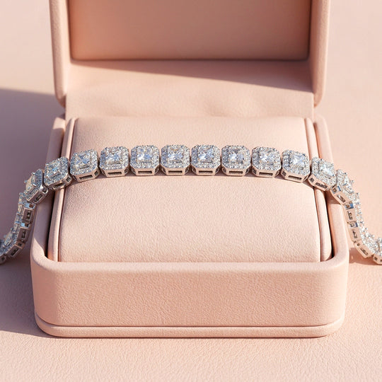 Princess Cut Halo Moissanite Silver Tennis Women Bracelet | Prm9189