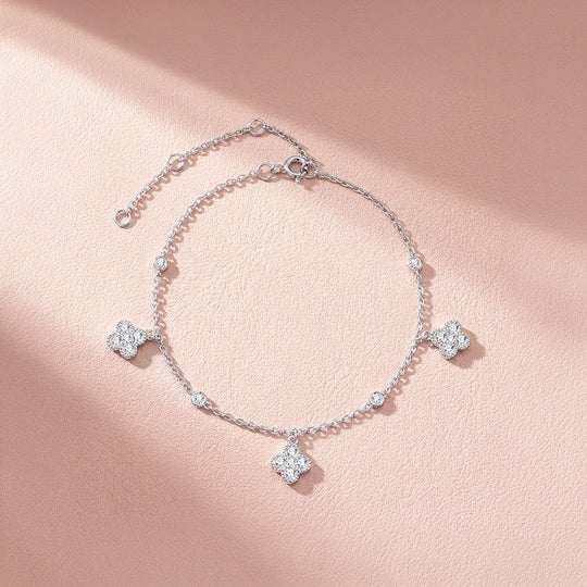 Dangling Four Leaf Clover Charm Moissanite Silver Women Bracelet | Prm9192