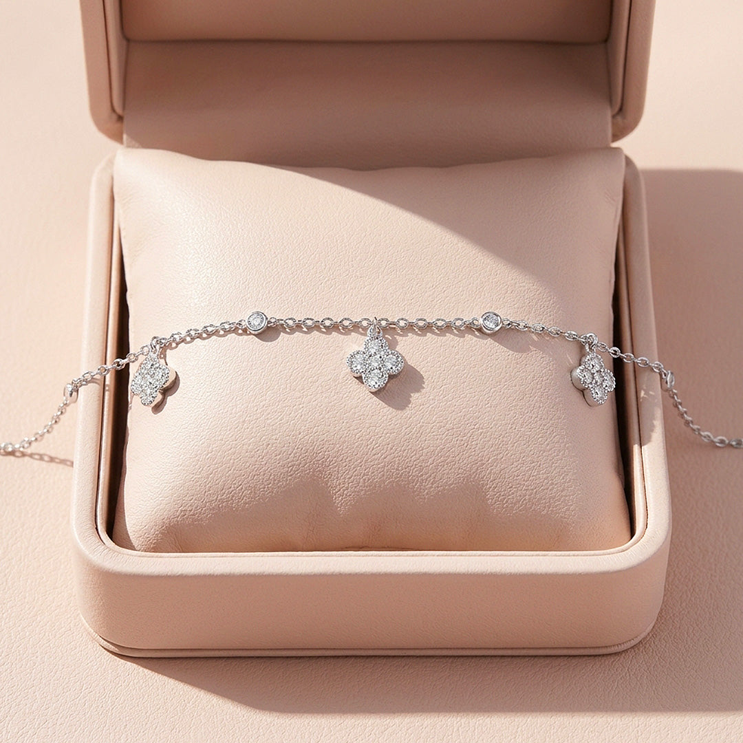 Dangling Four Leaf Clover Charm Moissanite Silver Women Bracelet | Prm9192