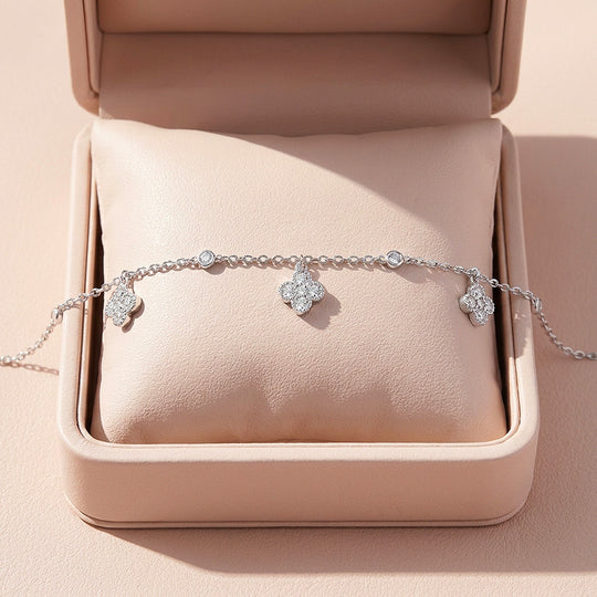 Dangling Four Leaf Clover Charm Moissanite Silver Women Bracelet | Prm9192