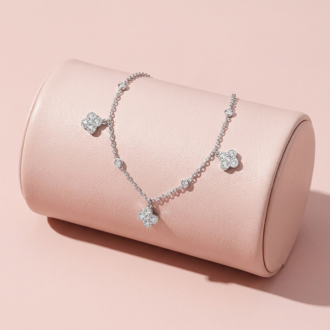 Dangling Four Leaf Clover Charm Moissanite Silver Women Bracelet | Prm9192