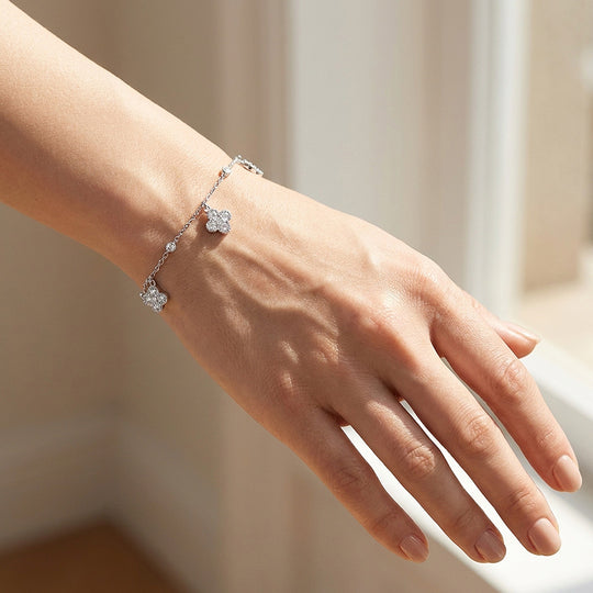 Dangling Four Leaf Clover Charm Moissanite Silver Women Bracelet | Prm9192