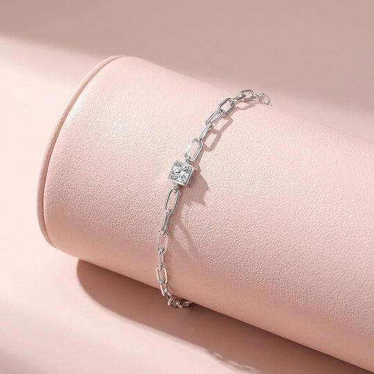 Square Bezel Paperclip Moissanite Silver Women Bracelet | Prm9203