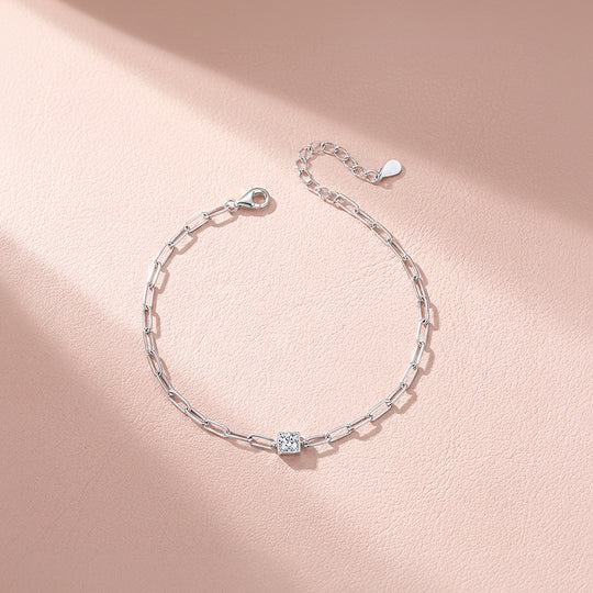 Square Bezel Paperclip Moissanite Silver Women Bracelet | Prm9203