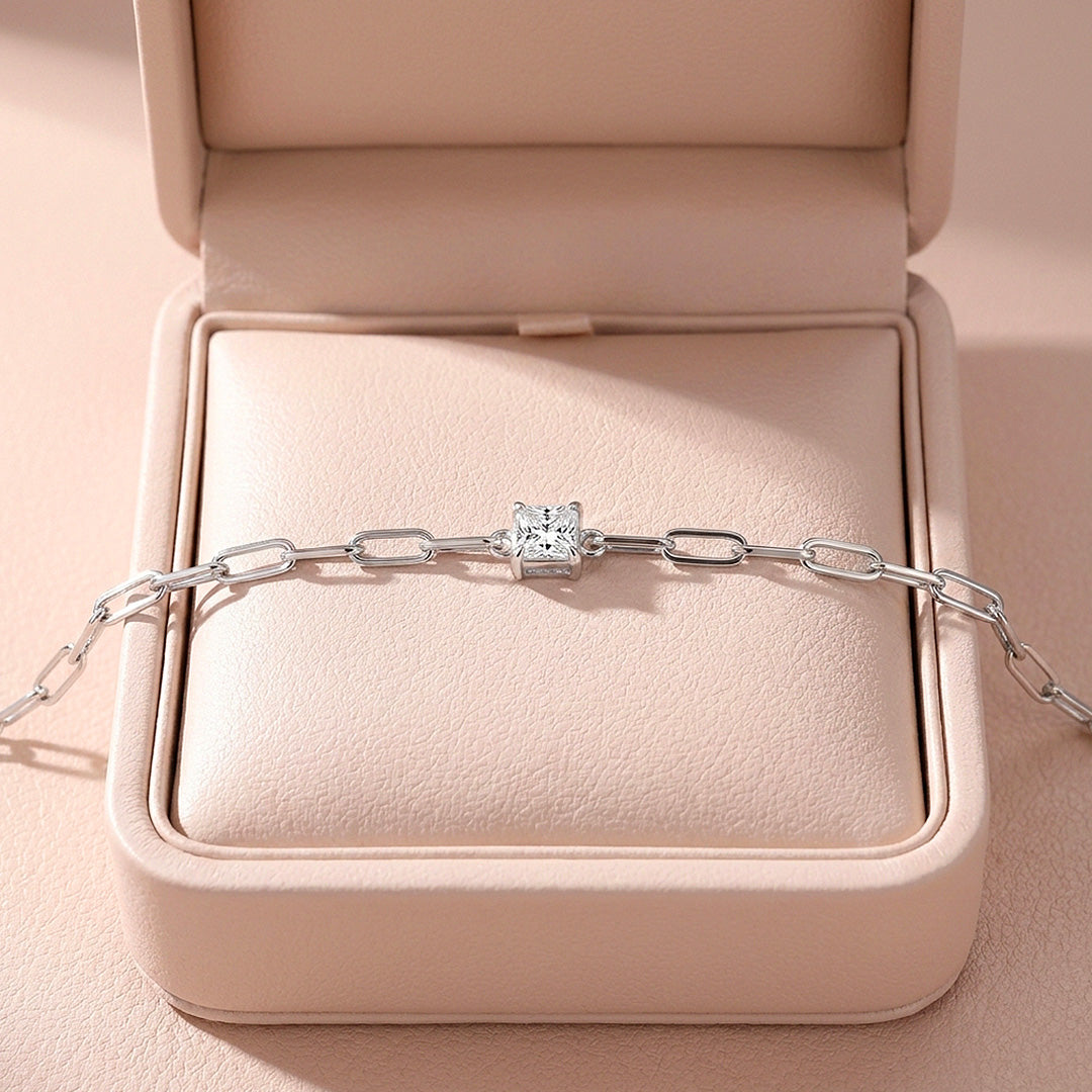 Square Bezel Paperclip Moissanite Silver Women Bracelet | Prm9203