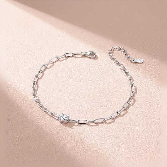 Square Bezel Paperclip Moissanite Silver Women Bracelet | Prm9203