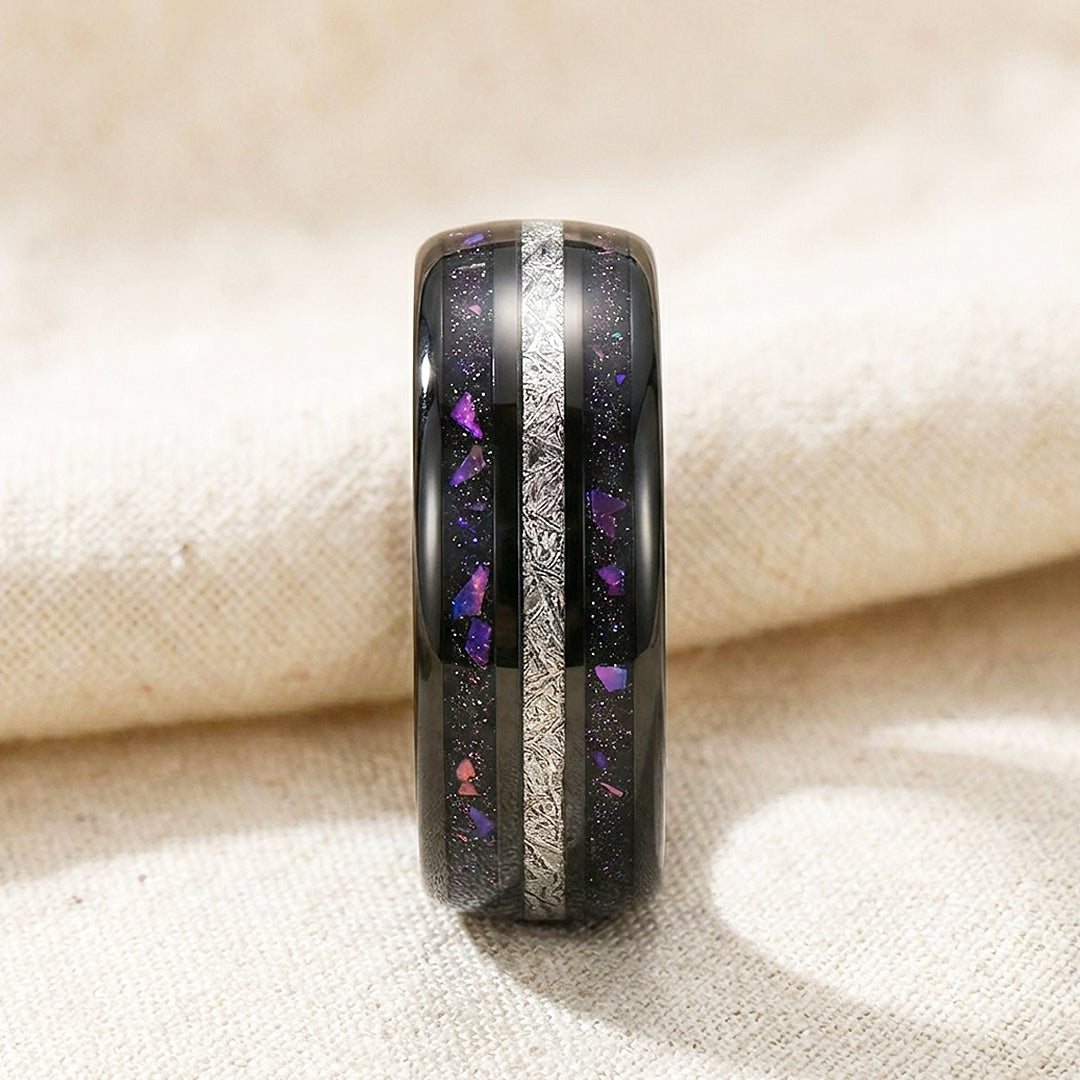 Purple Stars Polished Meteorite Purple Opal Inlay Black Tungsten Carbide Ring - Ring | Singapore Jewellery, Wedding Rings &amp; Gifts | Same Day Delivery | Tiara.com.sg