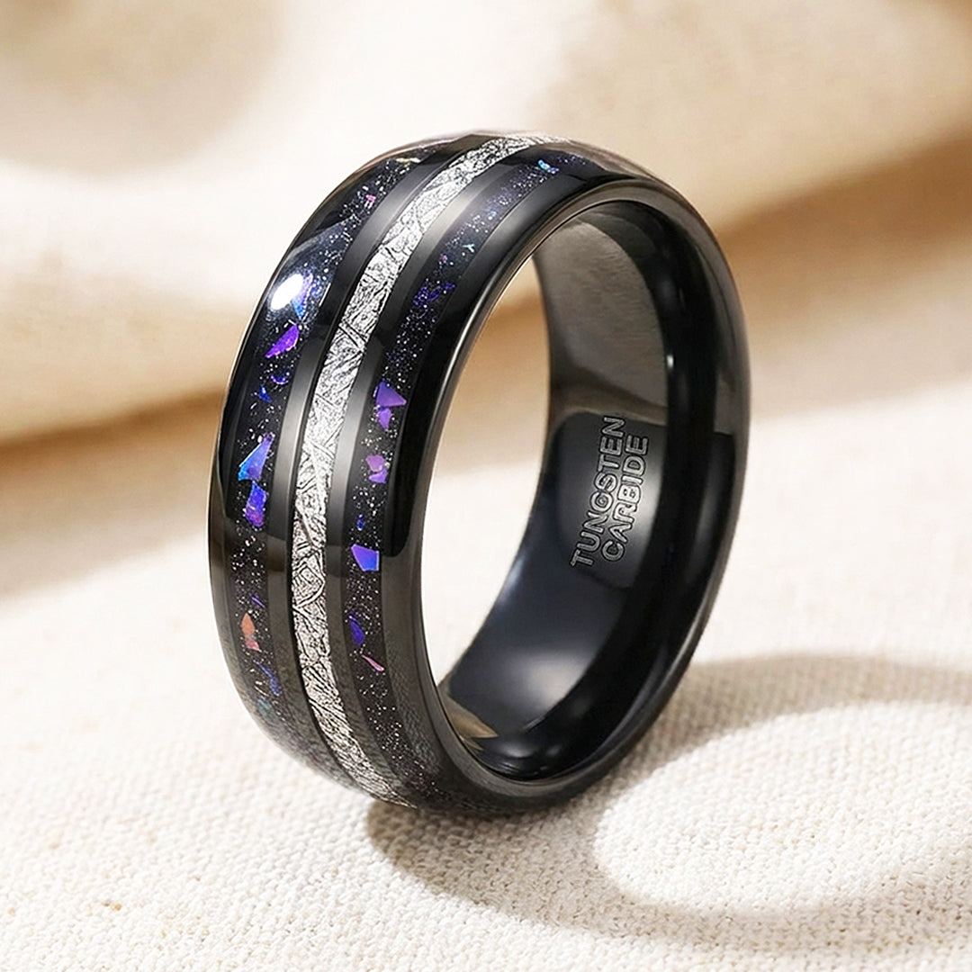Purple Stars Polished Meteorite Purple Opal Inlay Black Tungsten Carbide Ring - Ring | Singapore Jewellery, Wedding Rings & Gifts | Same Day Delivery | Tiara.com.sg