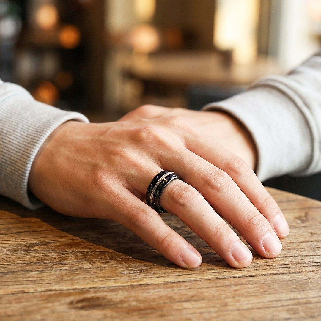 Purple Stars Polished Meteorite Purple Opal Inlay Black Tungsten Carbide Ring - Ring | Singapore Jewellery, Wedding Rings &amp; Gifts | Same Day Delivery | Tiara.com.sg