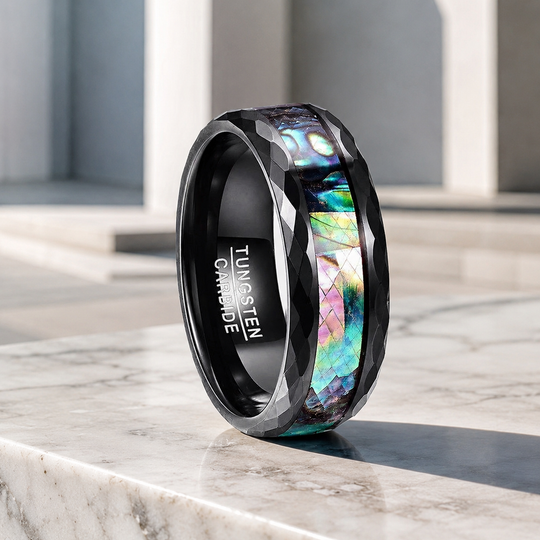 Quartz | Faceted Black Abalone Shell Inlay Tungsten Carbide Men&