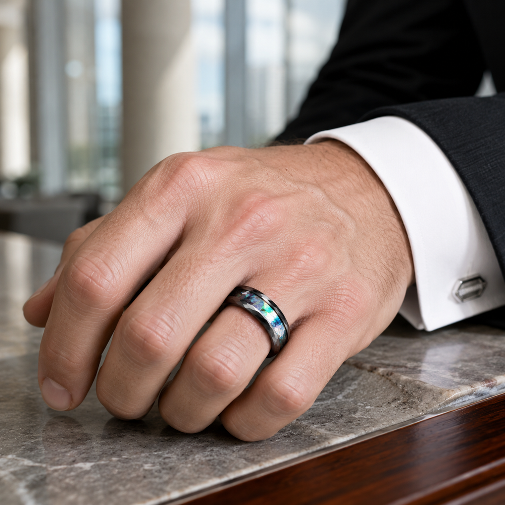 Quartz | Faceted Black Abalone Shell Inlay Tungsten Carbide Men's Ring - Clearance Sale❗
