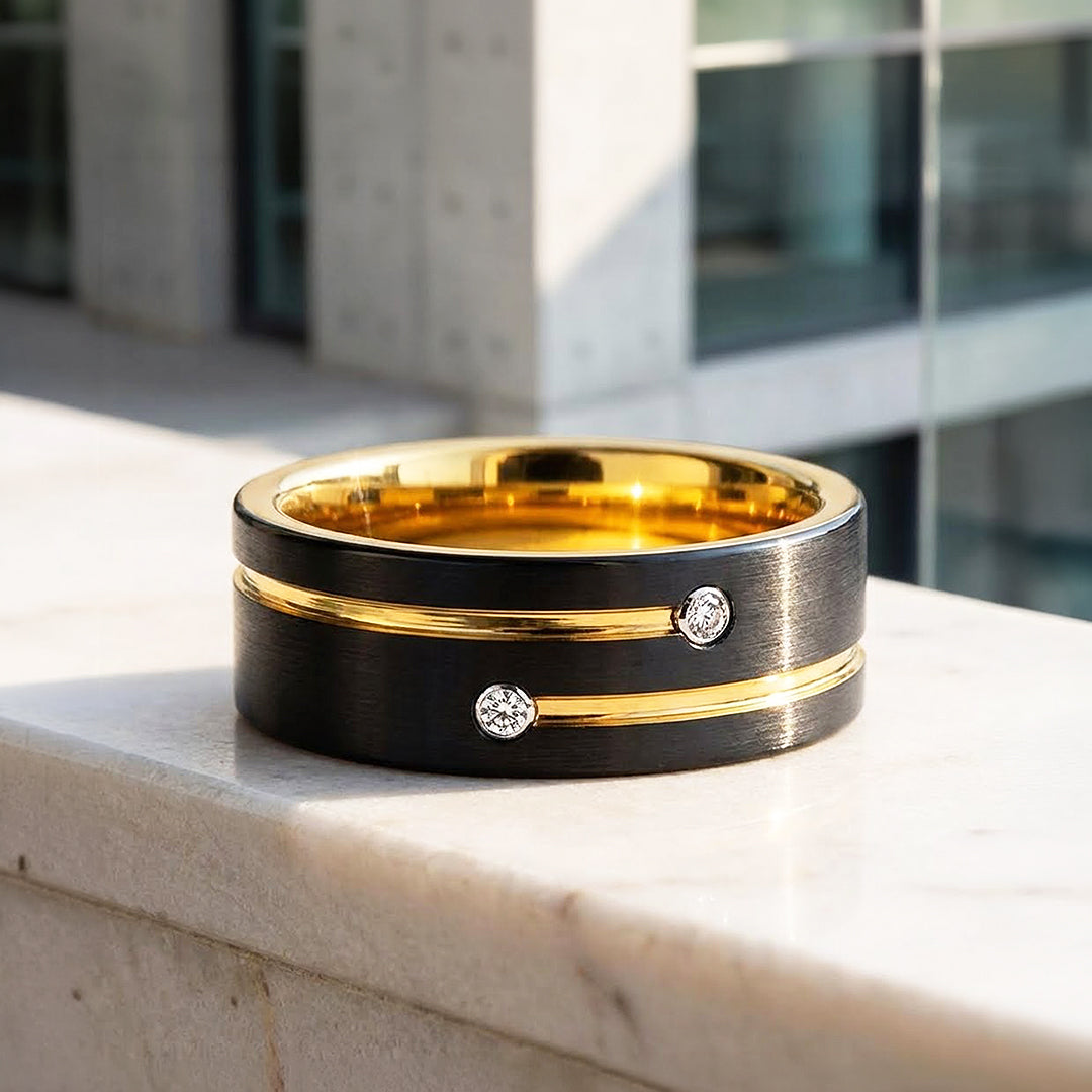 Rich Brushed Gold Groove Dual Stone Black Tungsten Carbide Ring