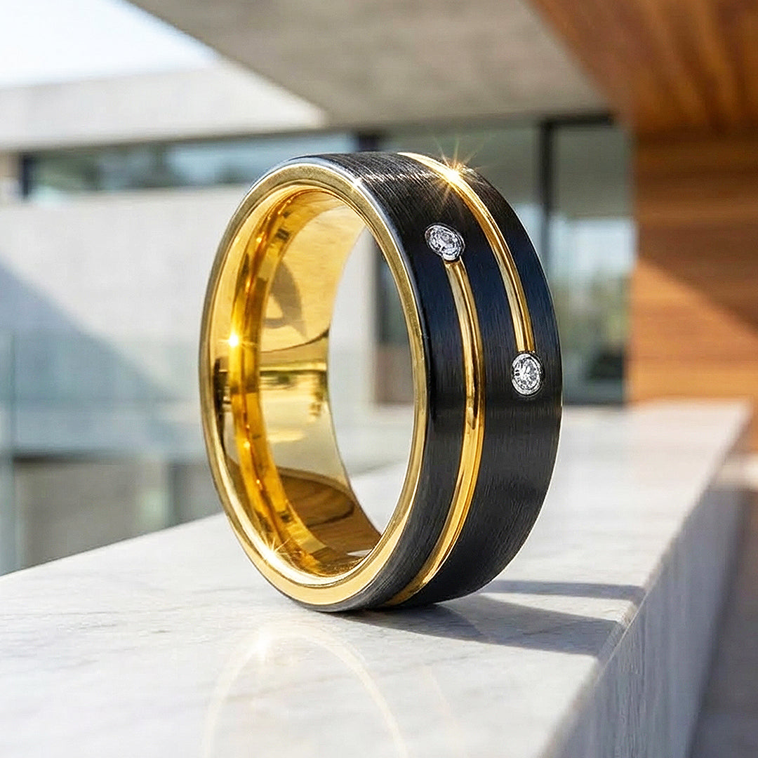 Rich Brushed Gold Groove Dual Stone Black Tungsten Carbide Ring