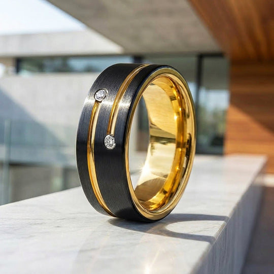 Rich Brushed Gold Groove Dual Stone Black Tungsten Carbide Ring