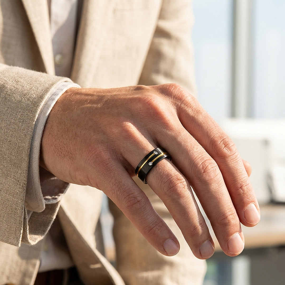 Rich Brushed Gold Groove Dual Stone Black Tungsten Carbide Ring