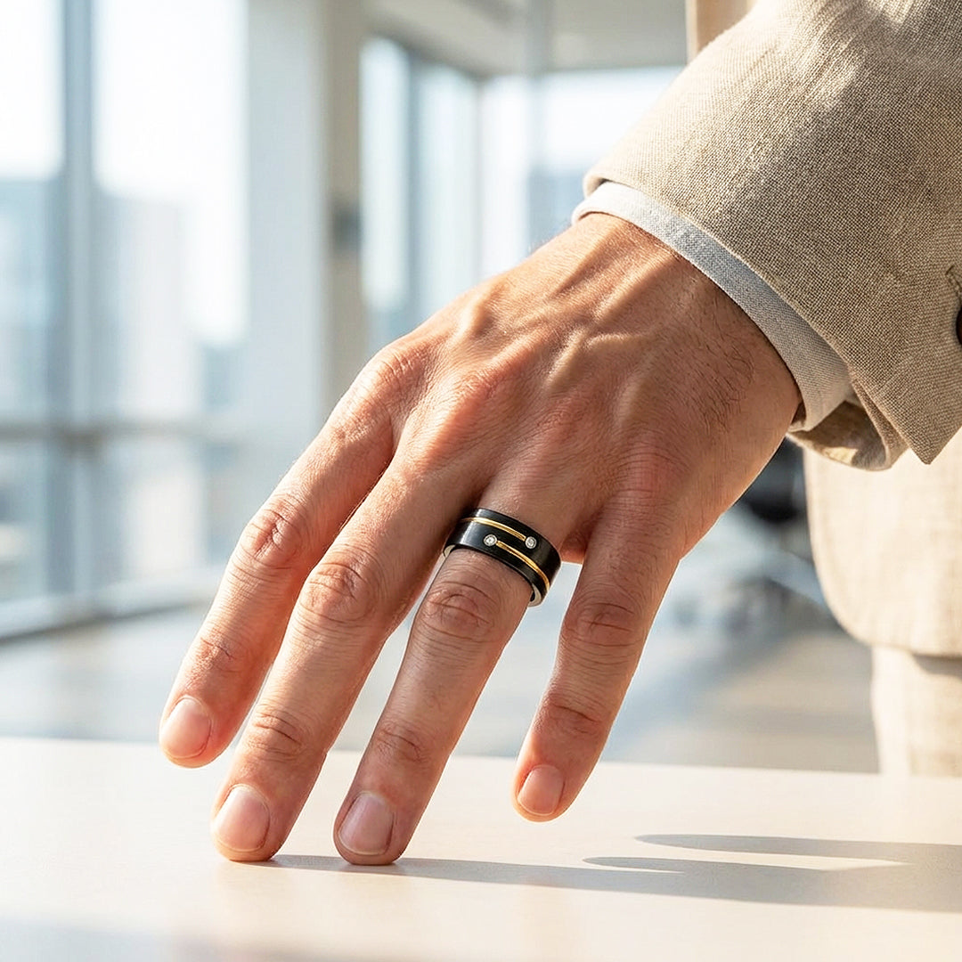 Rich Brushed Gold Groove Dual Stone Black Tungsten Carbide Ring