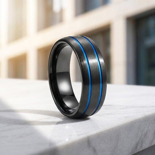 Ridley | Brushed Black Dual Blue Groove Tungsten Carbide Men&