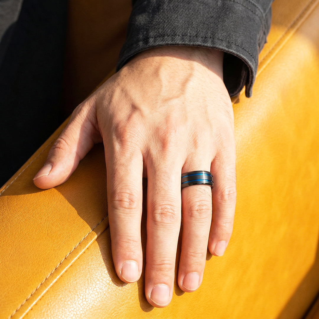 Ridley | Brushed Black Dual Blue Groove Tungsten Carbide Men&