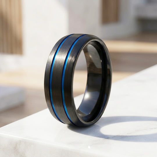 Ridley | Brushed Black Dual Blue Groove Tungsten Carbide Men&