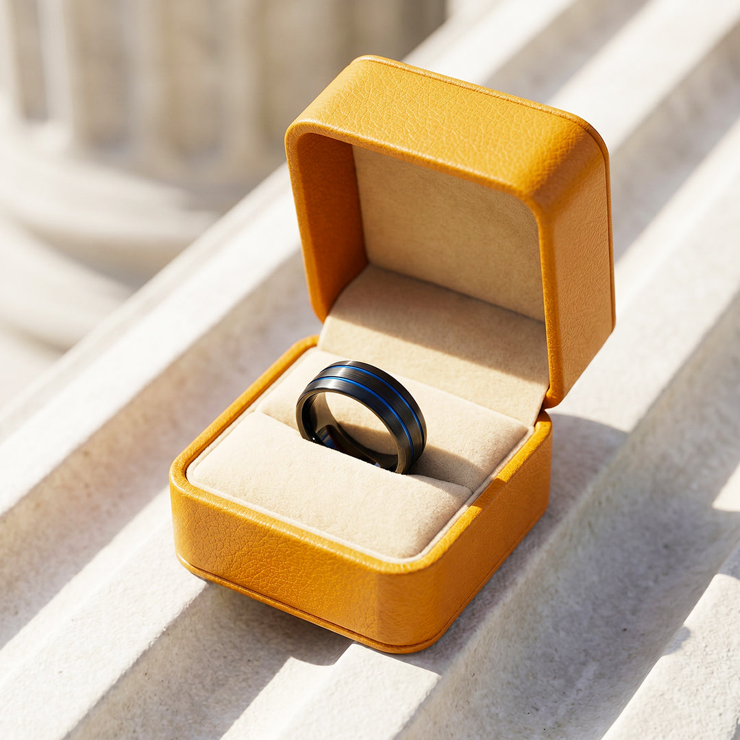 Ridley | Brushed Black Dual Blue Groove Tungsten Carbide Men&