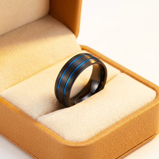Ridley | Brushed Black Dual Blue Groove Tungsten Carbide Men&