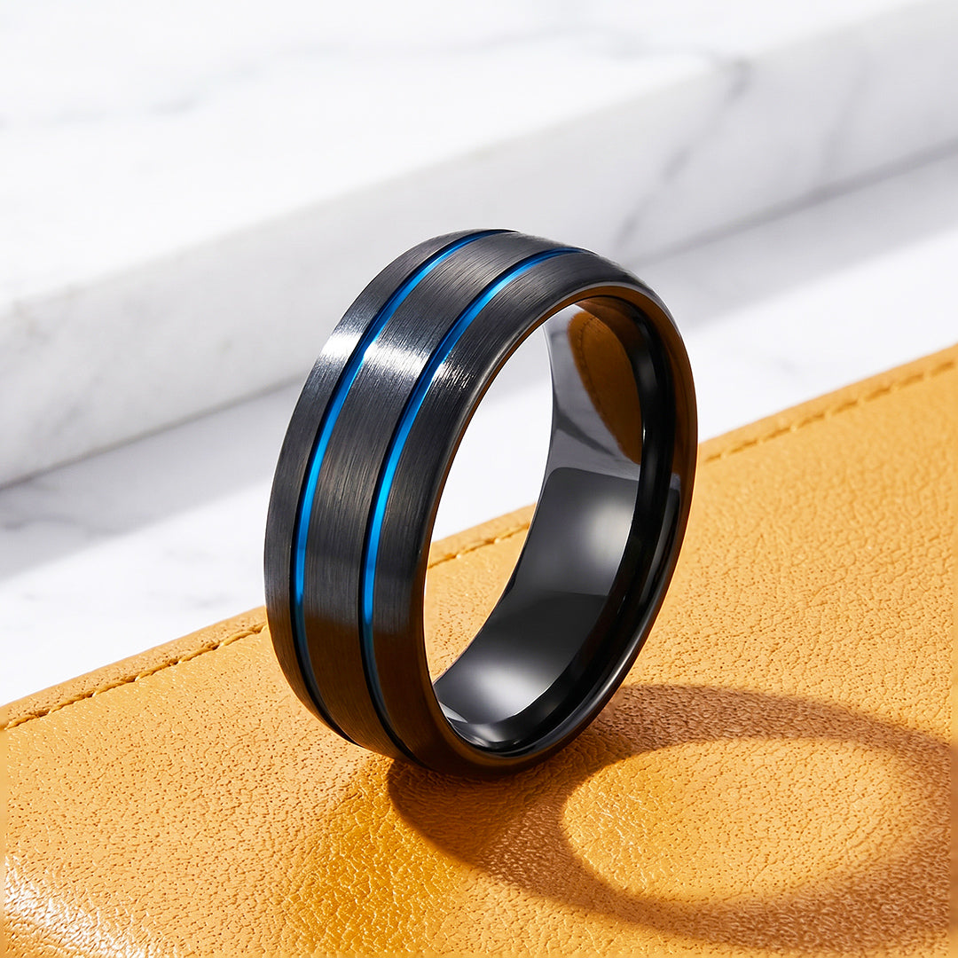 Ridley | Brushed Black Dual Blue Groove Tungsten Carbide Men&