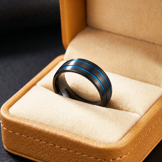Ridley | Brushed Black Dual Blue Groove Tungsten Carbide Men&