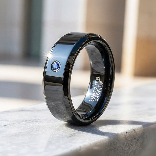 Sage Polished Blue Solitaire Black Tungsten Carbide Ring